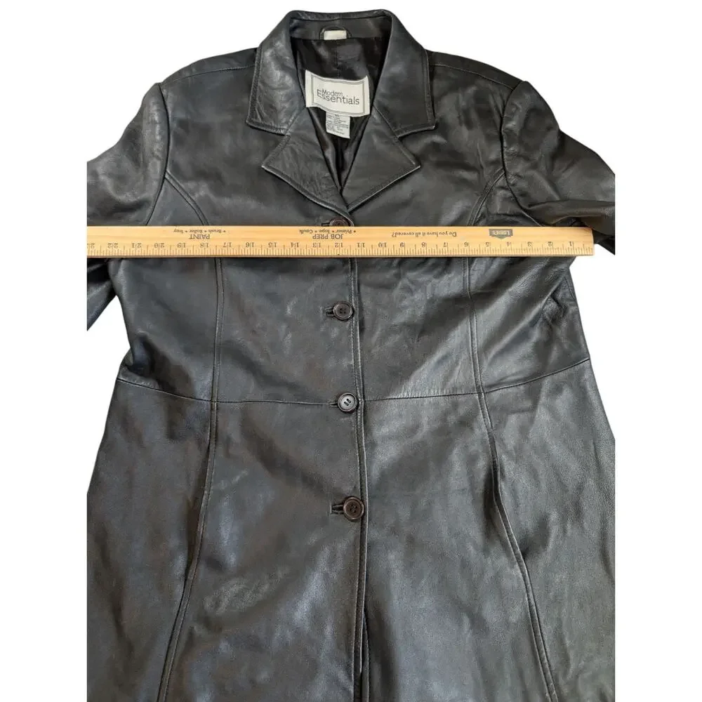 Modern Essentials Womens Black Long Button Front 100% Leather Jacket Large - Picture 4 of 9